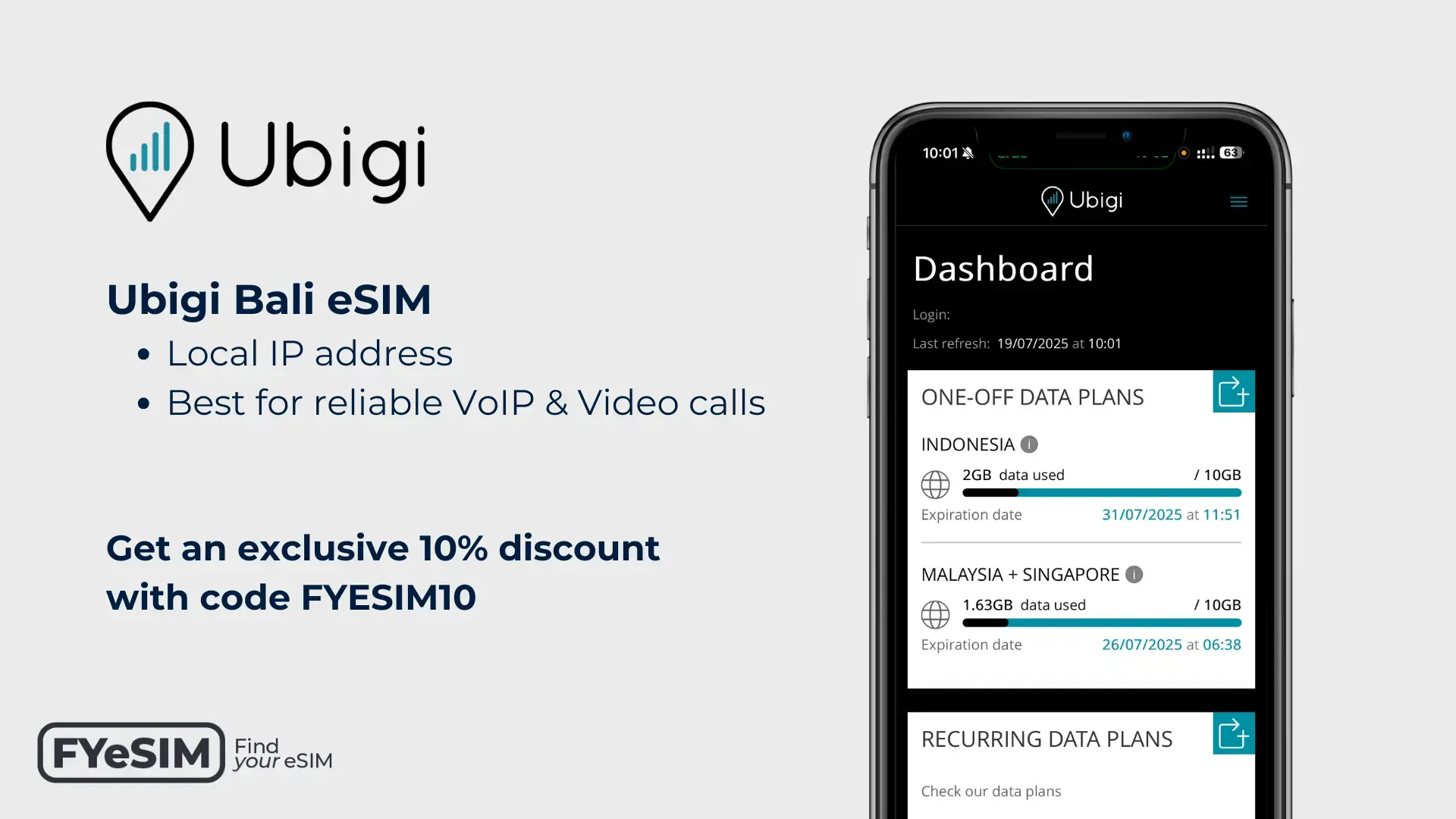Promotieafbeelding voor de Ubigi Bali eSIM, met kenmerken als een lokaal IP-adres en betrouwbare VoIP- en videogesprekken, met het Ubigi-dashboard dat actieve databundels voor Indonesië toont