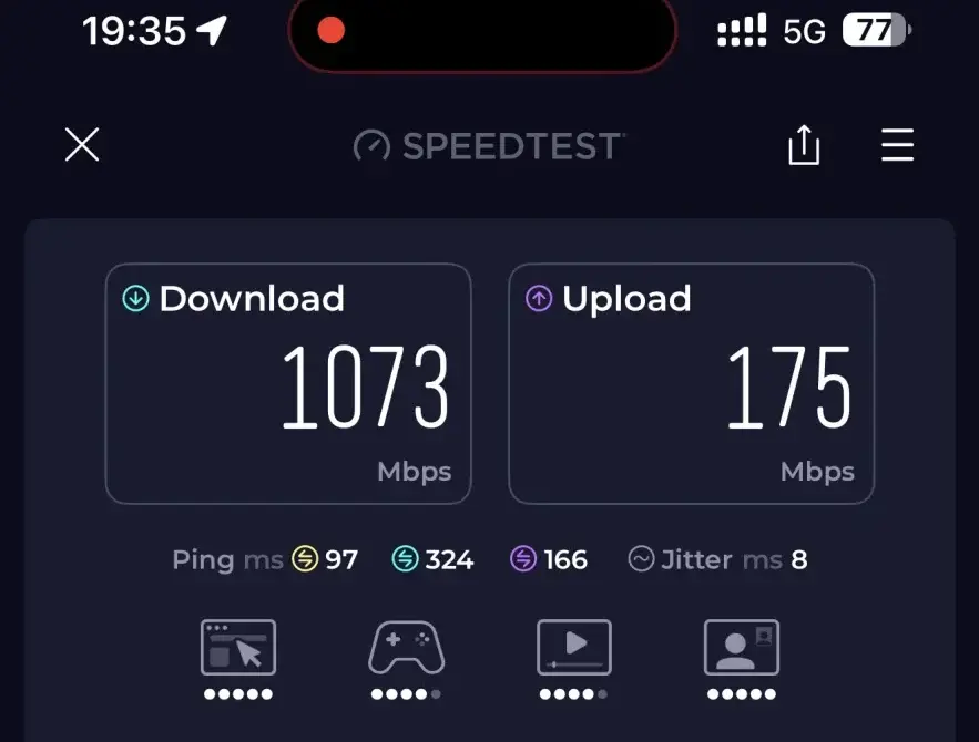 Speedtest van de GoMoWorld eSIM in Istanbul: 1.073 Mbps download en 175 Mbps upload, op 5G via eir Dublin met een iPhone 16 Pro Max