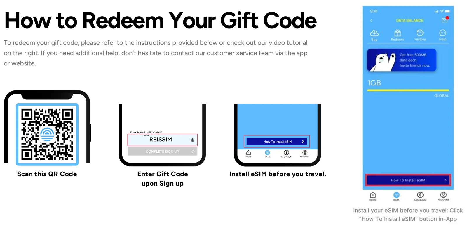 De drie stappen om je Eskimo-tegoed te verzilveren: scan de QR-code, vul tijdens het aanmelden de giftcode REISSIM in bij Enter Referral or Gift Code, en tik daarna op How To Install eSIM voordat je op reis gaat