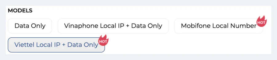 De vier varianten op de MicroEsim-pagina voor Vietnam: Data Only, Vinaphone Local IP, Mobifone Local Number en Viettel Local IP