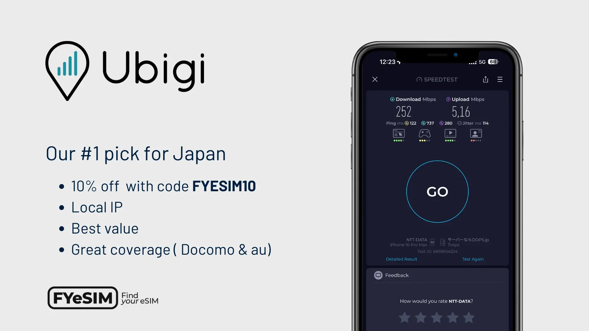 Snelheidstest van de Ubigi eSIM in Japan met een downloadsnelheid van 252 Mbps op 5G