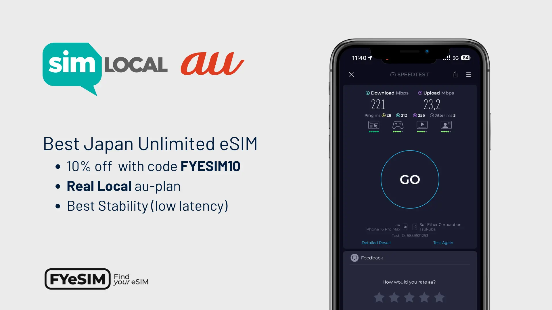 Snelheidstest van de Sim Local Japan eSIM met 221 Mbps download op het au-netwerk