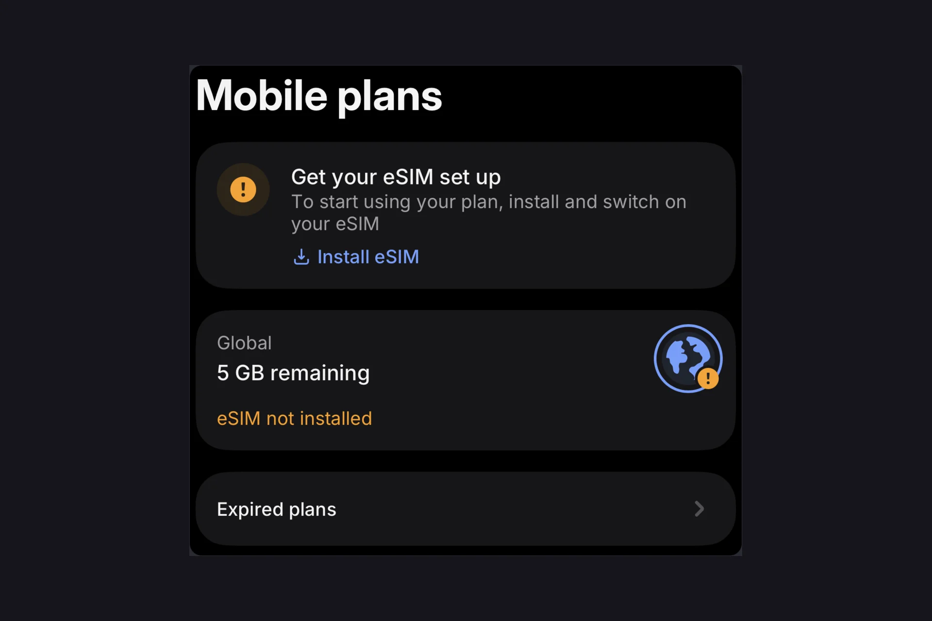 Het scherm met databundels in de Revolut-app, met een Global-bundel van 5 GB en de melding dat de eSIM nog niet is geïnstalleerd